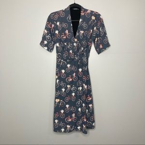 NWOT ESHAKTI Bicycle Print Novelty Wrap Dress Gray XS 2